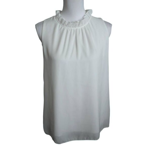 ALLIMY WHITE WOMEN SUMMER RUFFLE TRIM NECKLINE TANK TOPS DOUBLE LINED CHIFFON BL - Picture 5 of 12